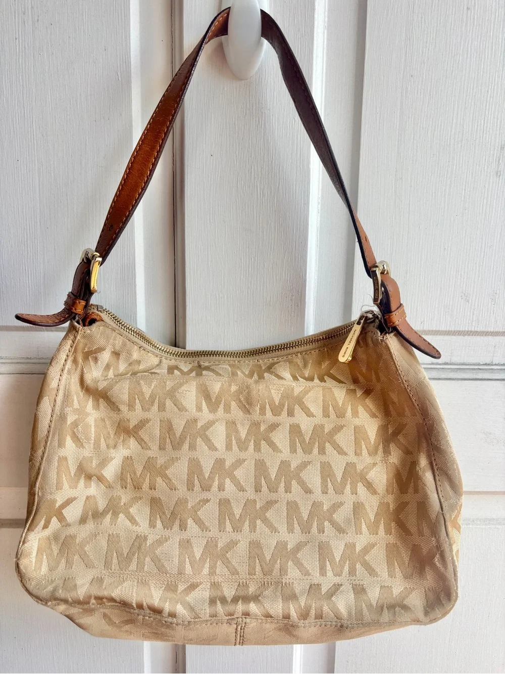VTG Michael Kors Jacquard Logo Shoulder Bag Tan Y2K Canvas Leather Hobo Purse